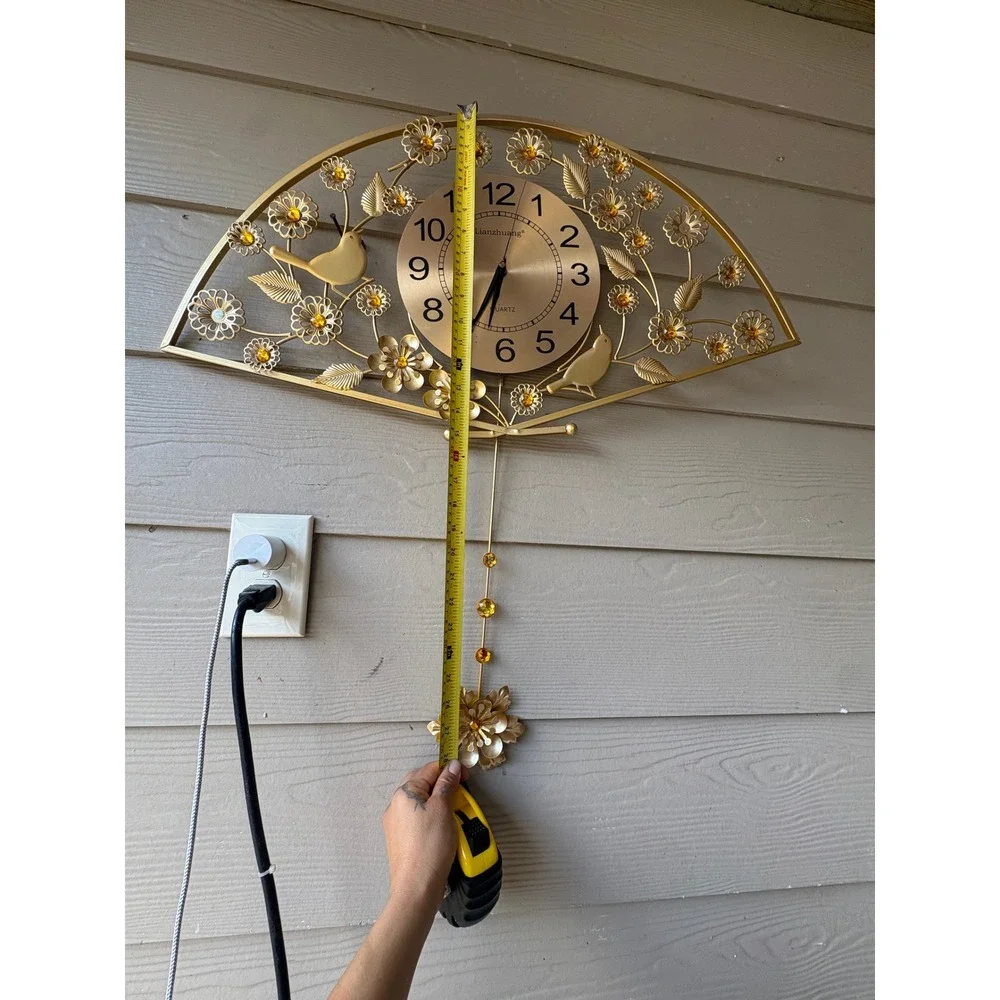 Lianzhuang Gold Fan Wall Clock Floral Bird Pendulum Quartz Crystal Accents 24in